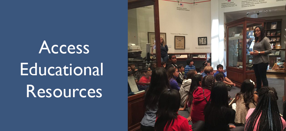 Image titled "Access Educational Resources" with a photo of a woman standing in front of a group of seated children in one of the Lincoln Memorial Shrine's galleries.