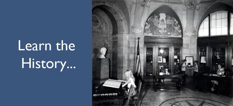 Image titled "Learn the History" with a photo of the interior of the octagon of the Lincoln Memorial Shrine in the mid-1950s showing a young girl at a table, two bows looking at a cannon ball, and an adult woman at a desk. The "He Emancipated the Slaves" mural by Dean Cornwell and bust of Abraham Lincoln by George Gray Barnard are in the background.