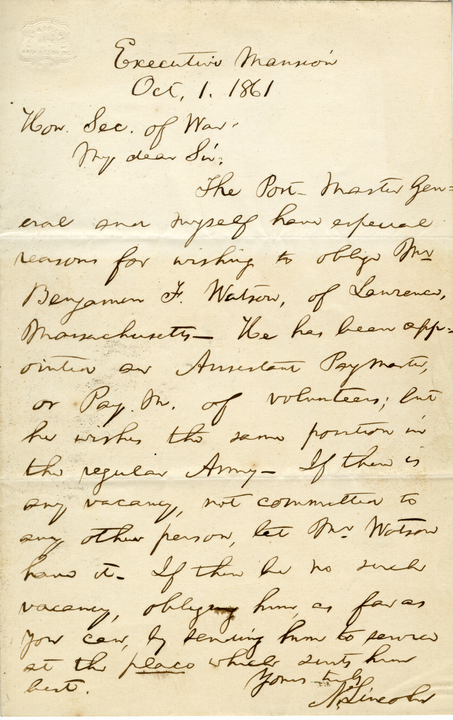 Lincoln, Abraham 10-1-1861
