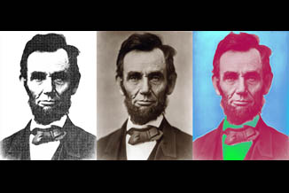 Three versions of the same portrait of President Abraham Lincoln taken in 1863. The center image is the original sepia tinted image, the one to the left is in black and white, and the one to the right is in color.